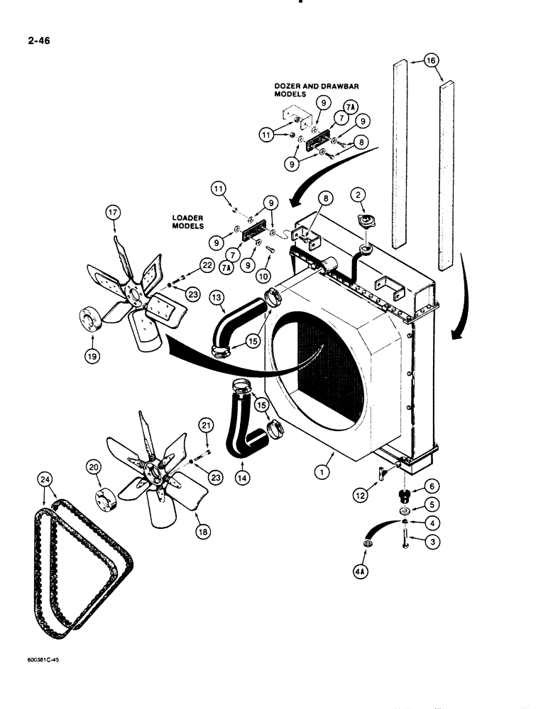 Схема запчастей Case 1450B - (2-46) - RADIATOR, FAN, AND HOSES (02) - ENGINE