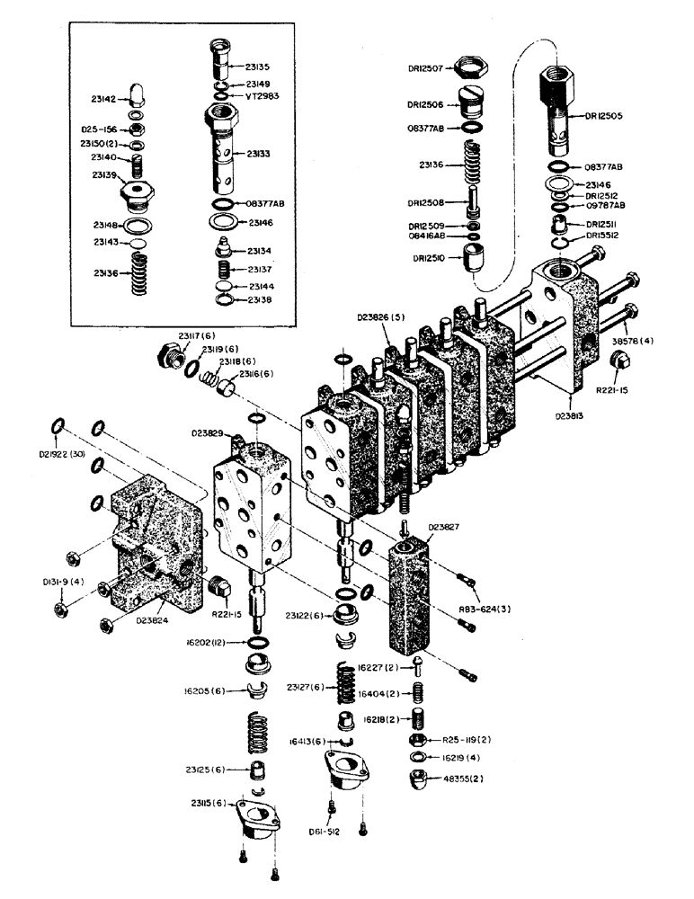 Схема запчастей Case 310 - (44) - D23812 BACKHOE HYDRAULIC CONTROL VALVE, (USED ON MODELS W/O HIGH PRESSURE CARRY-OVER LINE) 