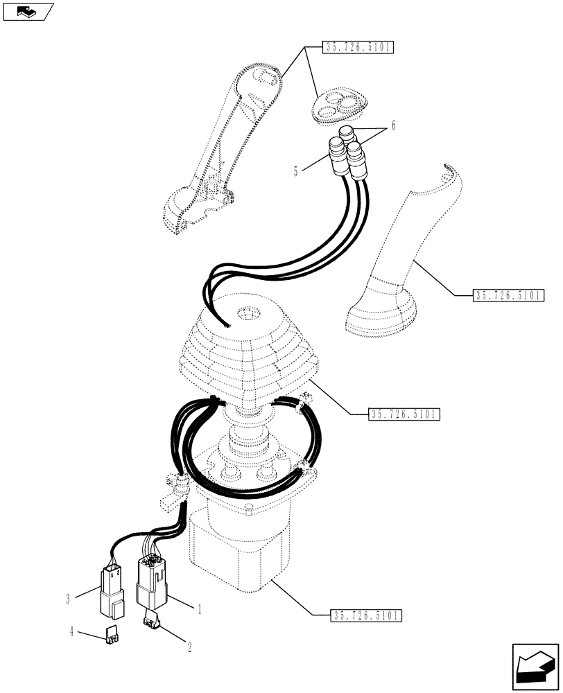 Схема запчастей Case 580SN WT - (55.512.35) - VALVE, JOYSTICK (PILOT CONTROLS) (RIGHT-HAND) WITH EXTENDABLE DIPPER, 8 SPOOL (55) - ELECTRICAL SYSTEMS