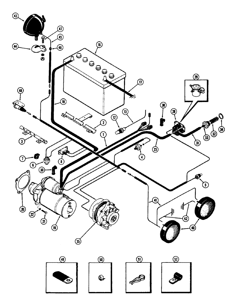 Схема запчастей Case 580 - (060) - ELECTRICAL EQUIPMENT AND WIRING, (188) DIESEL ENGINE, USED W/AL TERNATOR 1ST USED TRAC. S/N. 8656686 (55) - ELECTRICAL SYSTEMS