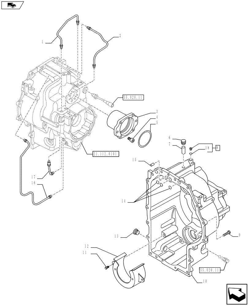 Схема запчастей Case 590SN - (21.113.0402[02]) - VAR - 423062 - TRANSMISSION - 4WD POWERSHIFT H TYPE- HOUSING, REAR & THERMOSTAT (21) - TRANSMISSION