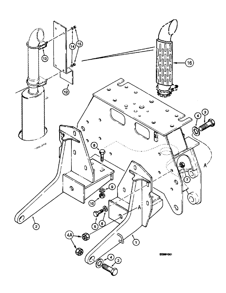 Схема запчастей Case 660 - (9-016) - BACKHOE TO CHASSIS MOUNTING BRACKETS AND MUFFLER SHIELD (09) - CHASSIS/ATTACHMENTS