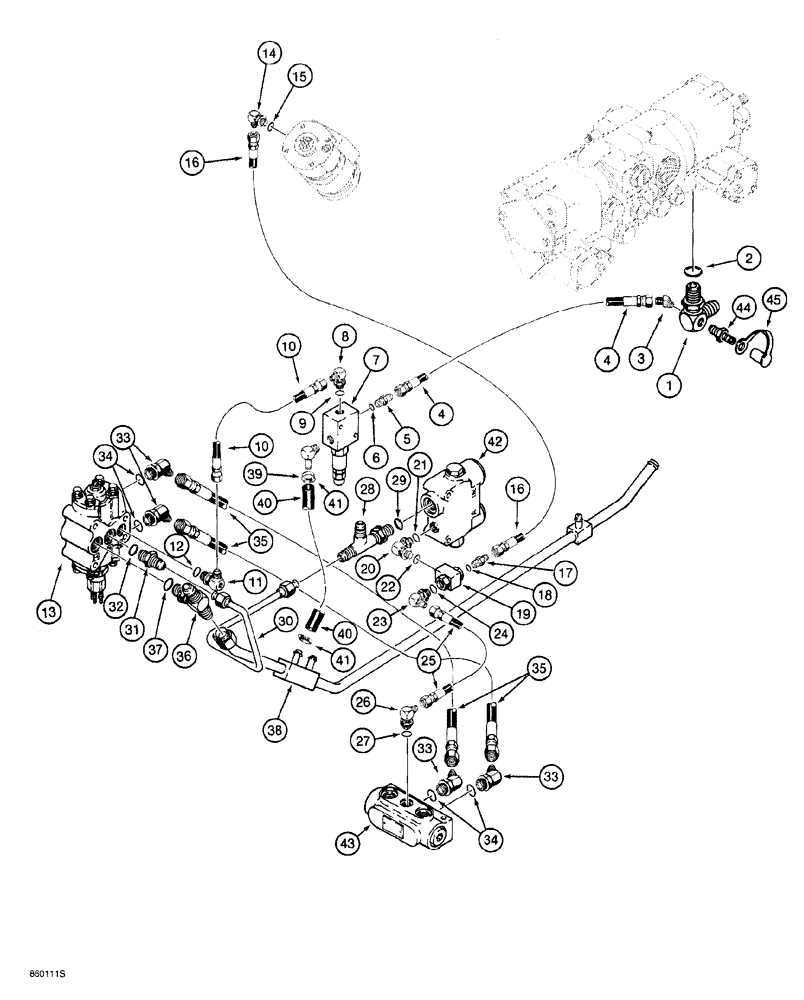 Схема запчастей Case 760 - (05-018) - REAR STEERING HYDRAULIC CIRCUIT, TANDEM PUMP TO VALVES, MODELS WITH ELECTRONIC STEERING (41) - STEERING