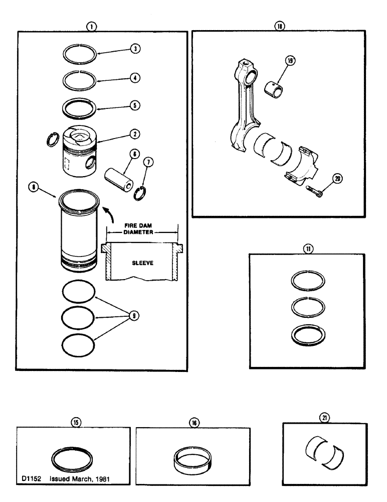 Схема запчастей Case 600 - (039A) - PISTONS AND SLEEVES, WITH 5.189 INCH TO 5.194 INCH FIRE DAM DIAMETER SLEEVE, (336BD) DIESEL ENGINE (01) - ENGINE