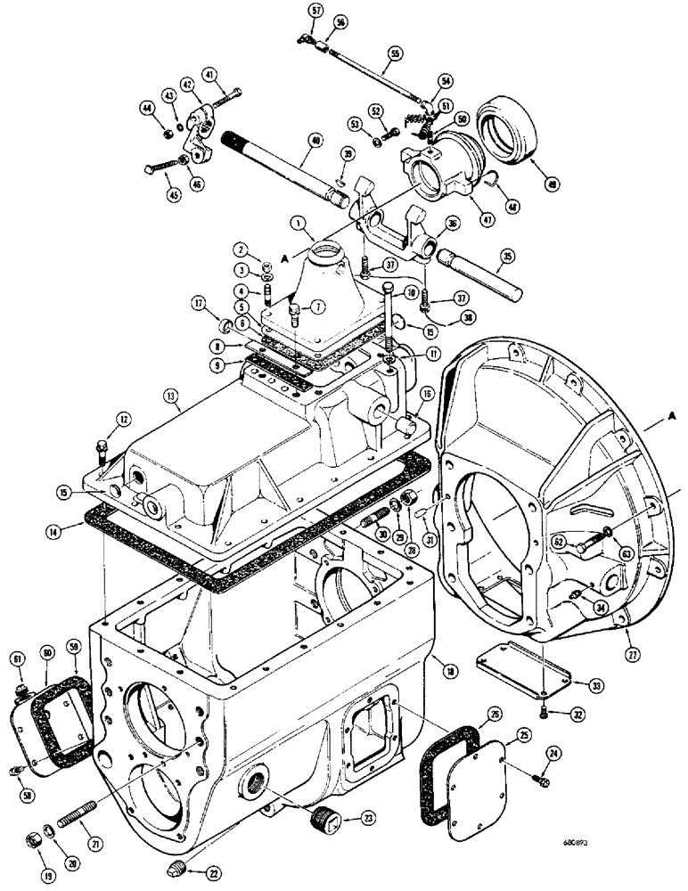 Схема запчастей Case 300 - (028) - TRANSMISSION ASSEMBLY, BEFORE TRACTOR SERIAL NO. 5255, TRANSMISSION & CLUTCH HOUSING & RELATED PARTS (03) - TRANSMISSION