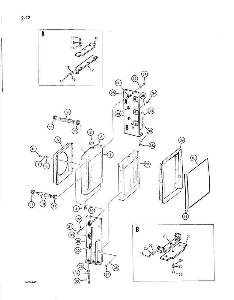 Схема запчастей Case 1080B - (2-12) - RADIATOR, OIL COOLER, AND HOSES, USED ON MODELS WITH CASE ENGINE (02) - ENGINE