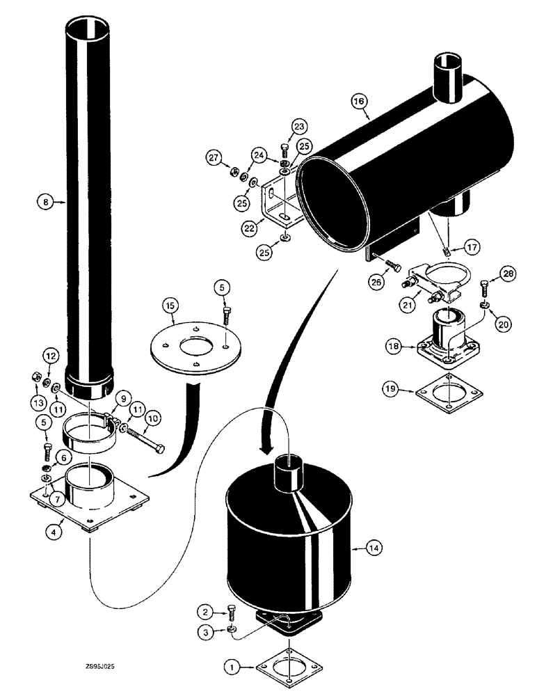 Схема запчастей Case 550E - (2-56) - MUFFLER MOUNTING AND EXHAUST PARTS, MODELS WITHOUT A TURBOCHARGER (02) - ENGINE