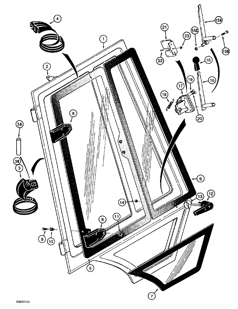 Схема запчастей Case 570LXT - (9-128) - LEFT-HAND AND RIGHT-HAND CAB DOORS - EXTERIOR (09) - CHASSIS/ATTACHMENTS