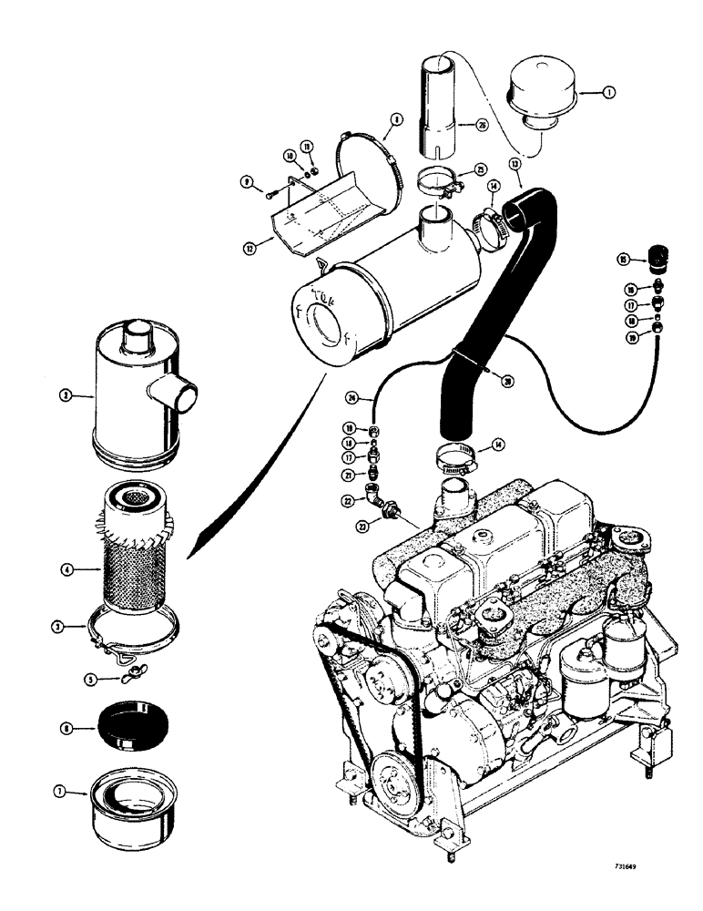 Схема запчастей Case 1700-SERIES - (065A) - AIR CLEANER AND RELATED PARTS, HORIZONTAL MOUNTED AIR CLEANER USED MODEL 1740 TRACTOR (10) - ENGINE