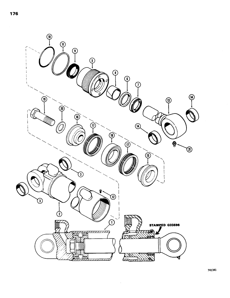 Схема запчастей Case 26B - (176) - D33596 DIPPER CYLINDER, GLAND IS STAMPED WITH CYLINDER PART NUMBER 