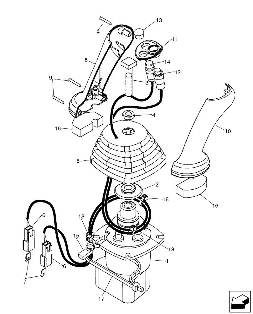 Схема запчастей Case 580SM - (35.150.15[01]) - VALVE, JOYSTICK (PILOT CONTROLS) (LEFT-HAND) WITH HORN & UNI-DIRECTIONAL BUTTONS (35) - HYDRAULIC SYSTEMS