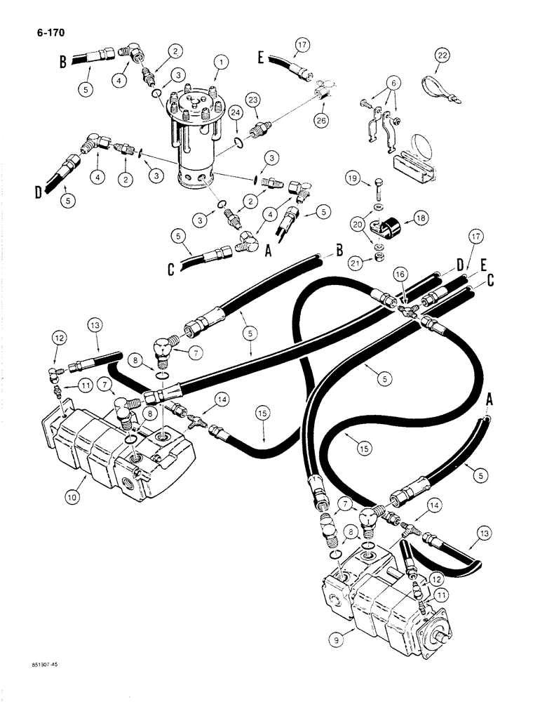 Схема запчастей Case 1187B - (6-170) - TRACK DRIVE HYDRAULIC LINES - LOWER, USED ON MODELS PRIOR TO P.I.N. 6275638 (06) - POWER TRAIN