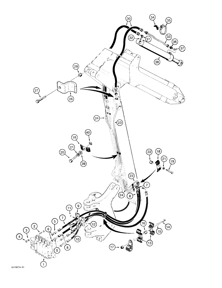 Схема запчастей Case 480F - (8-038) - BACKHOE BUCKET CYLINDER HYDRAULIC CIRCUIT, MODELS WITH EXTENDABLE DIPPER (08) - HYDRAULICS