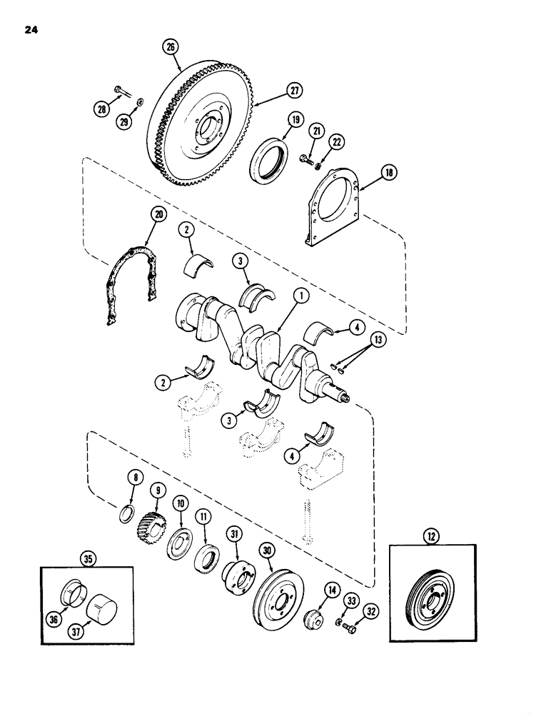 Схема запчастей Case 1835 - (024) - CRANKSHAFT AND FLYWHEEL, 148B SPARK IGNITION ENGINE (02) - ENGINE