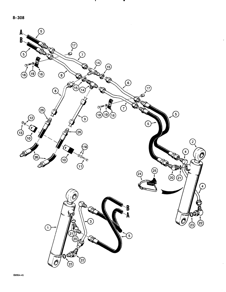 Схема запчастей Case 580K - (08-308) - LOADER CLAM CYLINDER HYDRAULIC CIRCUIT, AT LOADER BUCKET (08) - HYDRAULICS