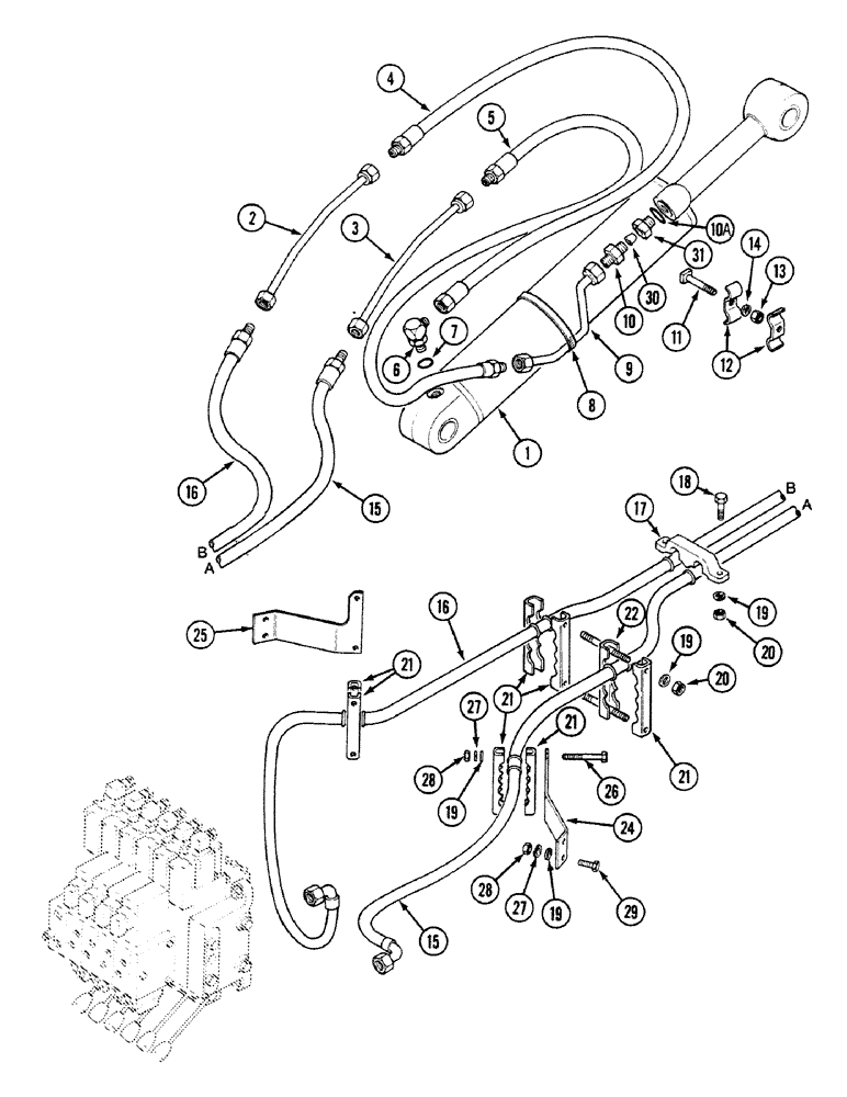 Схема запчастей Case 580SK - (8-104) - HYDRAULIC CIRCUIT DIPPER CYLINDER, PRESTIGE/SERVOPOWER VERSION, INTEGRAL BACKHOE (08) - HYDRAULICS