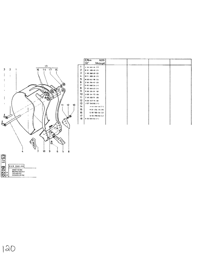 Схема запчастей Case SC150L - (120) - BACKHOE BUCKET, 0,76M   620L, 30"   3/4 CU. YD 