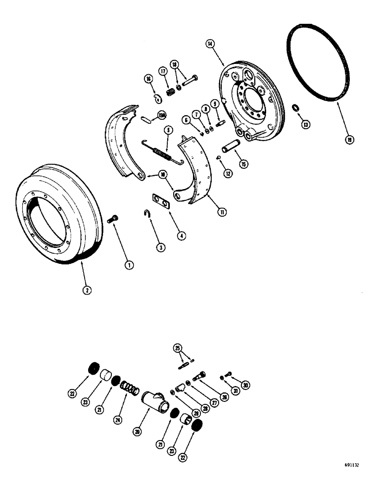 Схема запчастей Case W8B - (168) - A19080 AND L15393 FRONT RIGID AXLES, FRONT BRAKE DRUM AND LININGS (04) - UNDERCARRIAGE