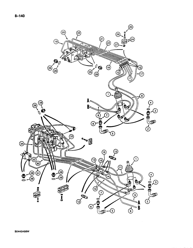 Схема запчастей Case 125B - (8-140) - HYDRAULIC CIRCUIT FOR CONTROLS, TO MAIN CONTROL VALVES, P.I.N. 74845 THRU 4963, 21801 THRU 21806 (08) - HYDRAULICS