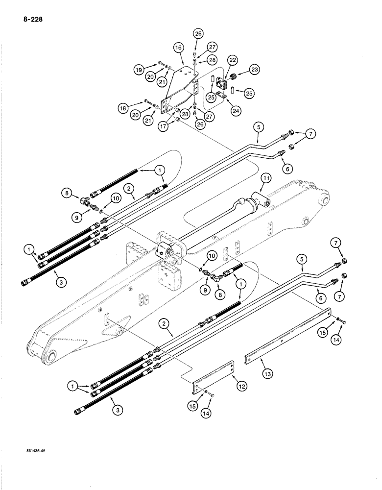 Схема запчастей Case 1187B - (8-228) - TOOL CYLINDER AND ROTARY CUTTER HYDRAULIC CIRCUITS, TUBES AT ARM (08) - HYDRAULICS