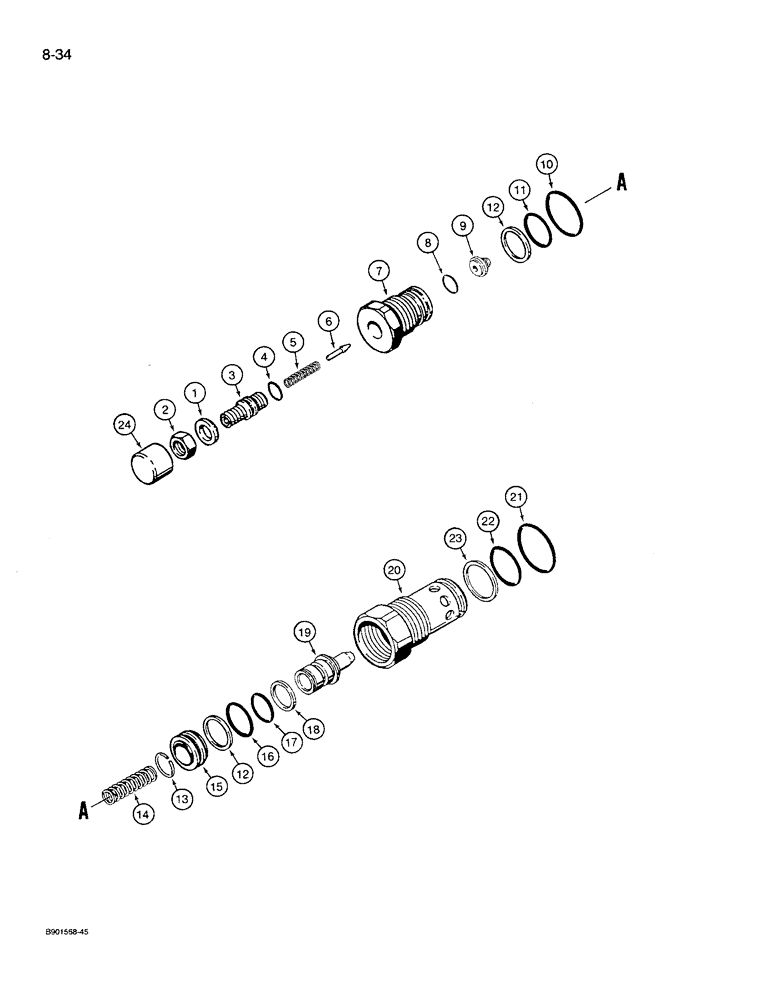 Схема запчастей Case 621 - (8-34) - MAIN RELIEF VALVE, AND CIRCUIT RELIEF AND ANTICAVITATION VALVE, S301627 (08) - HYDRAULICS