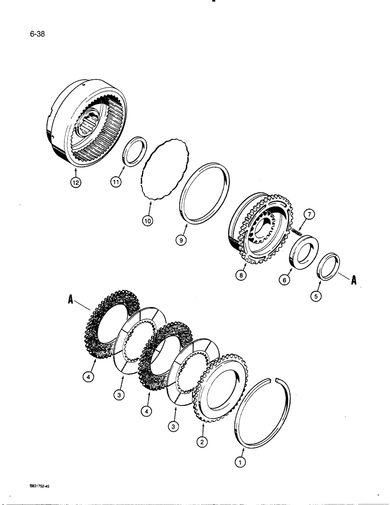 Схема запчастей Case 450C - (6-38) - TRANS. HIGH & LOW SPEED CLUTCH ASSYS., MDLS. W/ DRY BRAKES & MDLS. W/ WET BRAKES THRU P.I.N. 3080911 (06) - POWER TRAIN