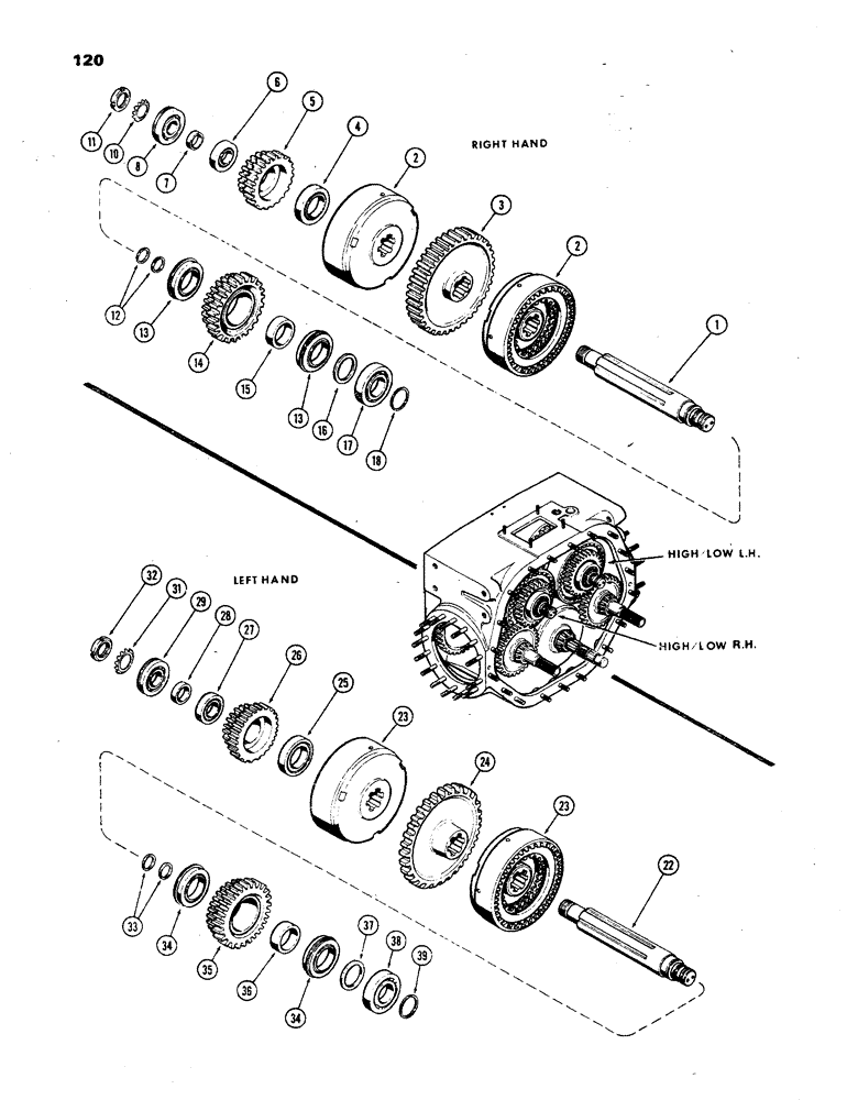 Схема запчастей Case 850 - (120) - HIGH-LOW CLUTCH SHAFTS, 1ST USED TRANS. S/N 2697154, 1ST USED TRAC. S/N 7074053- R.H. WITH WIDE GEAR (03) - TRANSMISSION