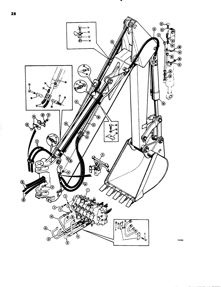 Схема запчастей Case 26C - (028) - BOOM, DIPPER AND BUCKET HYDRAULIC CIRCUIT, BEFORE BACKHOE SN 5220152, BOOM CIRCUIT, CROWD CYL HYDRS 