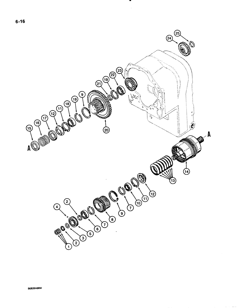 Схема запчастей Case 621 - (6-016) - TRANSMISSION ASSEMBLY, FORWARD AND THIRD CLUTCH SHAFT PARTS, PRIOR TO P.I.N. JAK0020901 (06) - POWER TRAIN