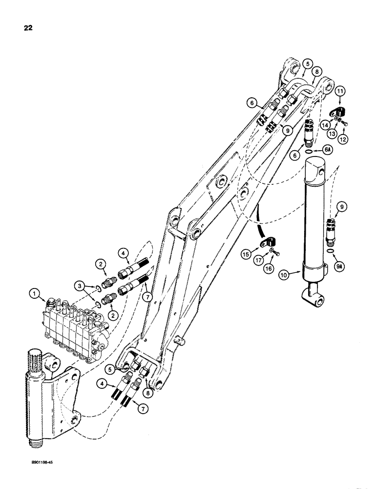 Схема запчастей Case D100 - (8-022) - BACKHOE BUCKET CYLINDER HYDRAULIC CIRCUIT, USED ON 1835C, 1840 & 1845C UNI-LOADERS W/ KONTAK VALVE 