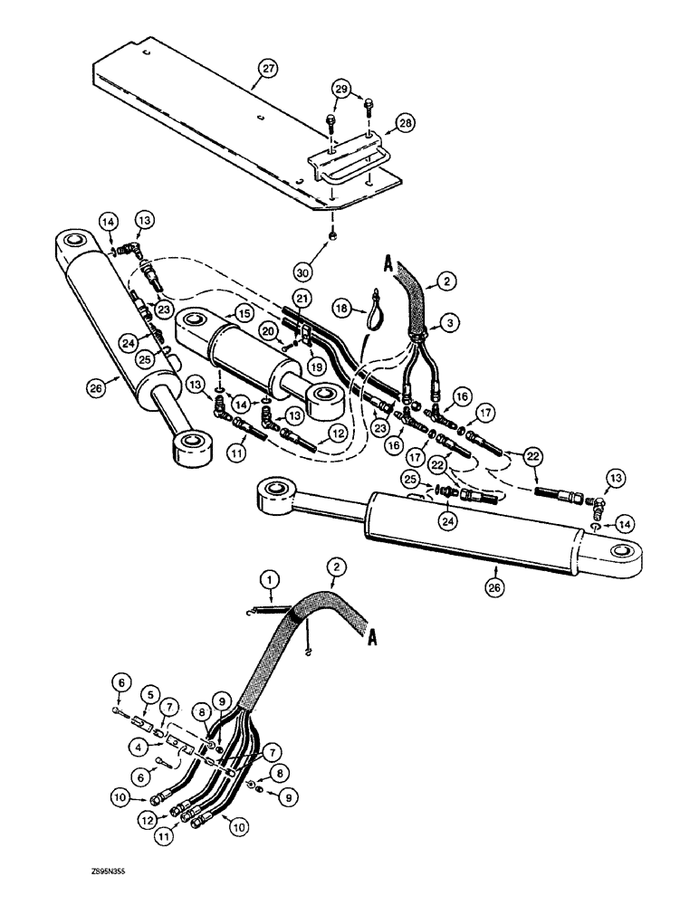 Схема запчастей Case 1150E - (8-036) - ANGLE AND TILT HYDRAULIC CIRCUITS, LONG TRACK ANGLE TILT DOZER MODELS GRILLE TO CYLINDER (08) - HYDRAULICS