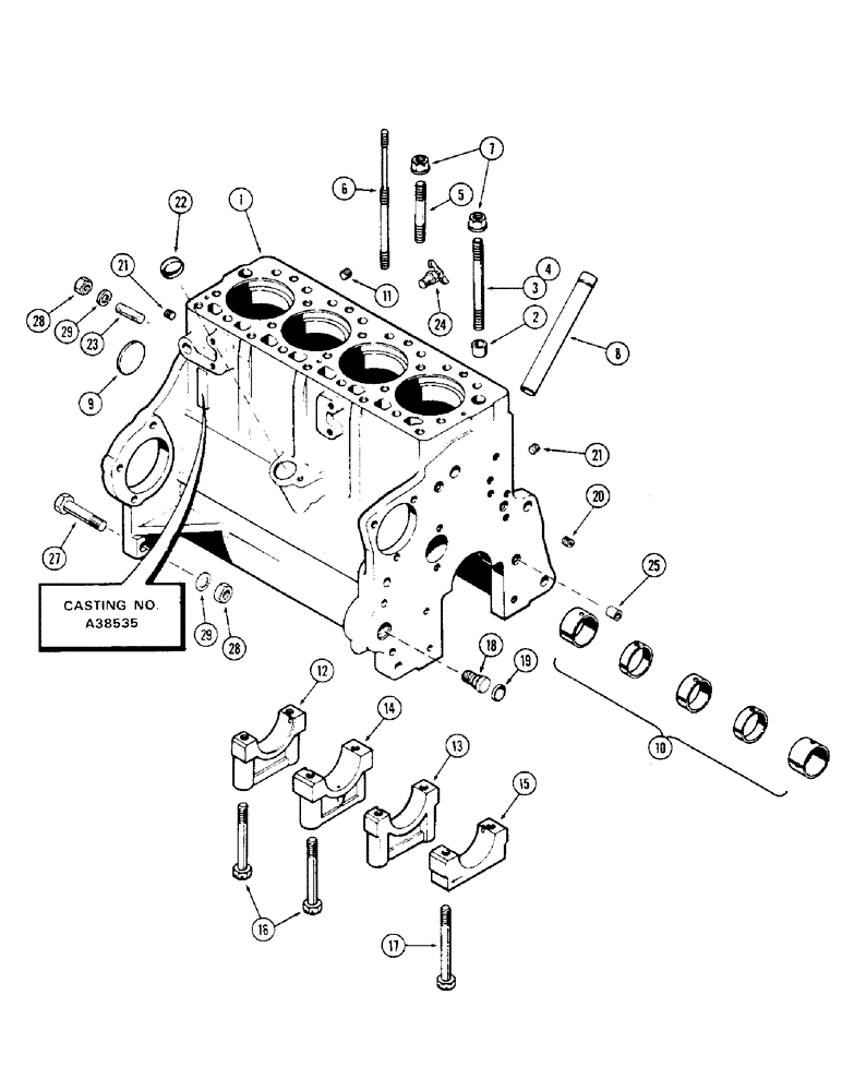 Схема запчастей Case 310G - (029E) - CYLINDER BLOCK ASSEMBLY, (188) DIESEL ENGINE, CASTING NO. A38535 (01) - ENGINE