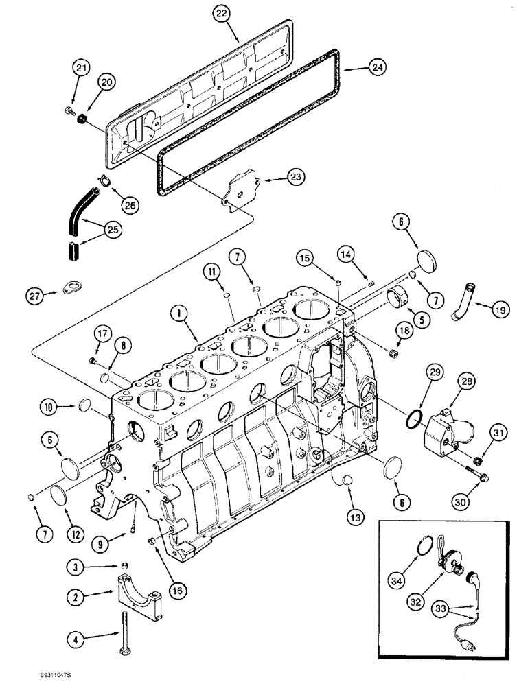 Схема запчастей Case 1150E - (2-056) - CYLINDER BLOCK, 6T-590 ENGINE, 1989051C1, 1989051C2, AND 1989096C2 ENG ASSY. (02) - ENGINE