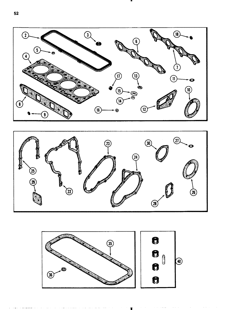 Схема запчастей Case 1845B - (052) - ENGINE GASKET KITS, 188 DIESEL ENGINE, VALVE GRIND KIT, CYLINDER BLOCK KIT, OIL PAN KIT (02) - ENGINE