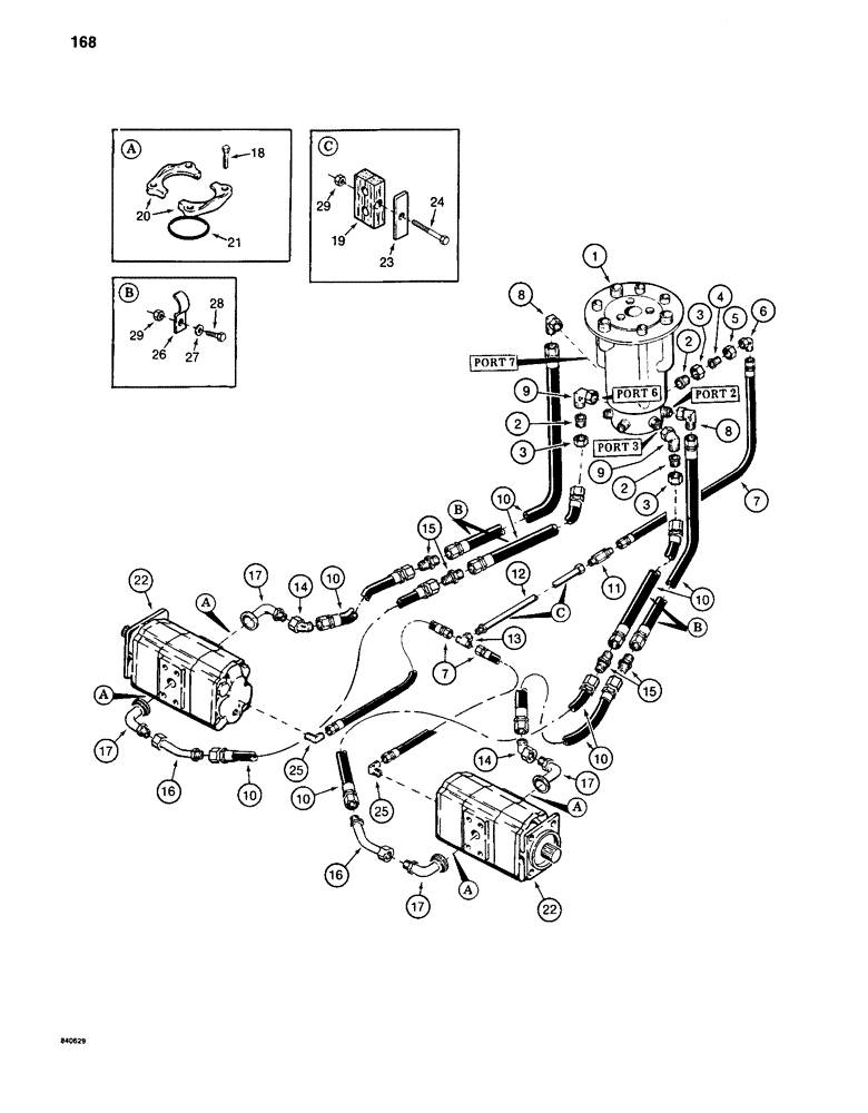 Схема запчастей Case 880C - (168) - TRACK DRIVE HYDRAULIC LINES - LOWER, LONG 7-ROLLER TRACK BEFORE PIN 6205456 (04) - UNDERCARRIAGE