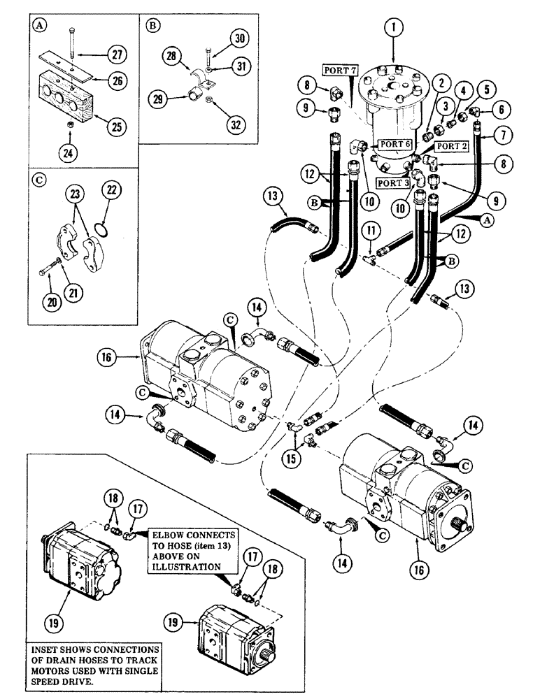 Схема запчастей Case 40 - (194) - LOWER TRACK DRIVE MOTOR TUBING AND DRAIN (35) - HYDRAULIC SYSTEMS