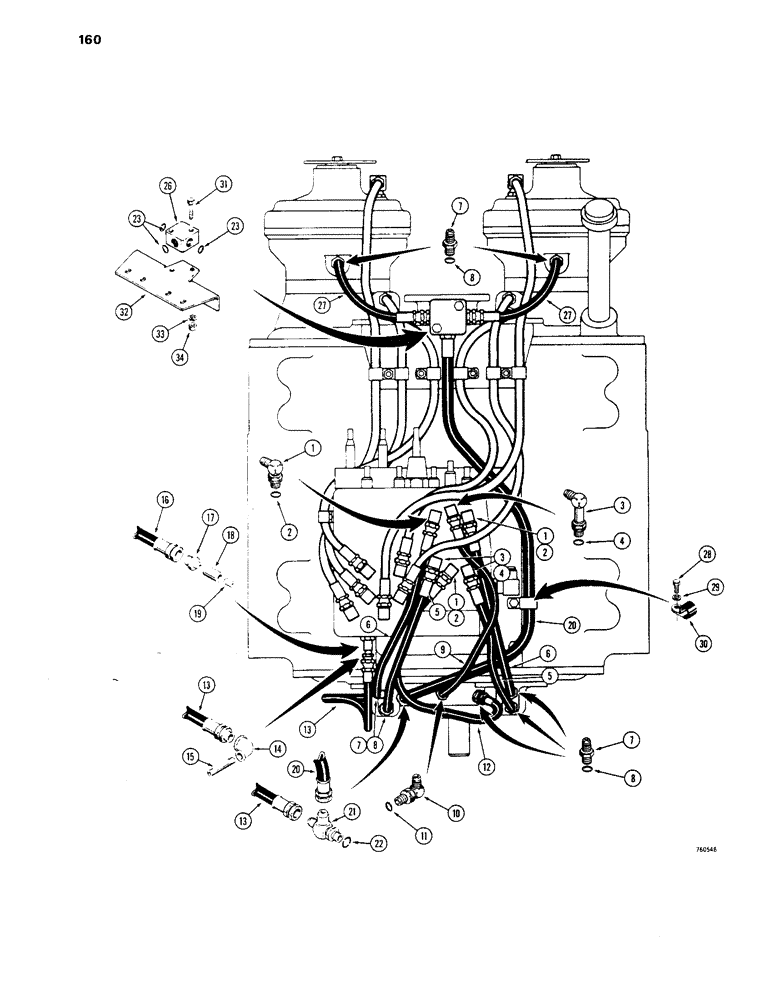 Схема запчастей Case 1450 - (160) - TRANSMISSION HYDRAULIC CIRCUITS, REAR OF TRANSMISSION TO VALVE & BRAKES, BEFORE TRANS SN 2806301 (06) - POWER TRAIN