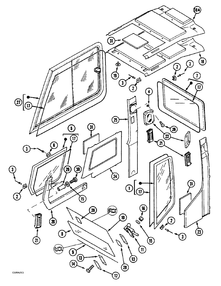 Схема запчастей Case 688BCK - (9E-42) - CAB TRIM AND GLASS, 688B CK (120301-120534, 120536-120547, 120549-120565) (05.1) - UPPERSTRUCTURE CHASSIS/ATTACHMENTS