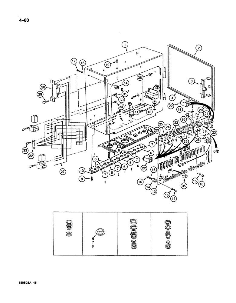 Схема запчастей Case 125B - (4-60) - ELECTRICAL BOX, P.I.N. 74251 THROUGH 74630 (04) - ELECTRICAL SYSTEMS