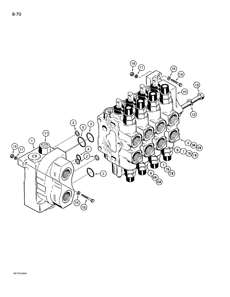 Схема запчастей Case 780D - (8-070) - BACKHOE CONTROL VALVE, WITHOUT EXTENDABLE DIPPER (08) - HYDRAULICS