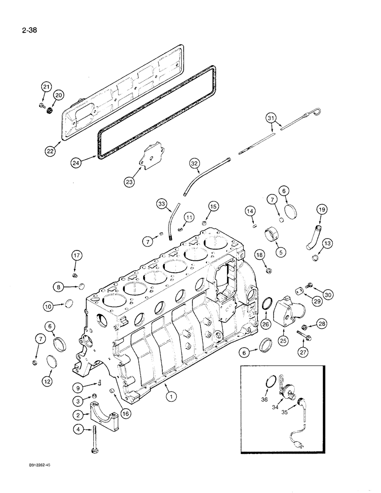 Схема запчастей Case 621 - (2-38) - CYLINDER BLOCK, 6T-590 ENGINE, ENGINE SERIAL NUMBER 44511034 AND AFTER (02) - ENGINE