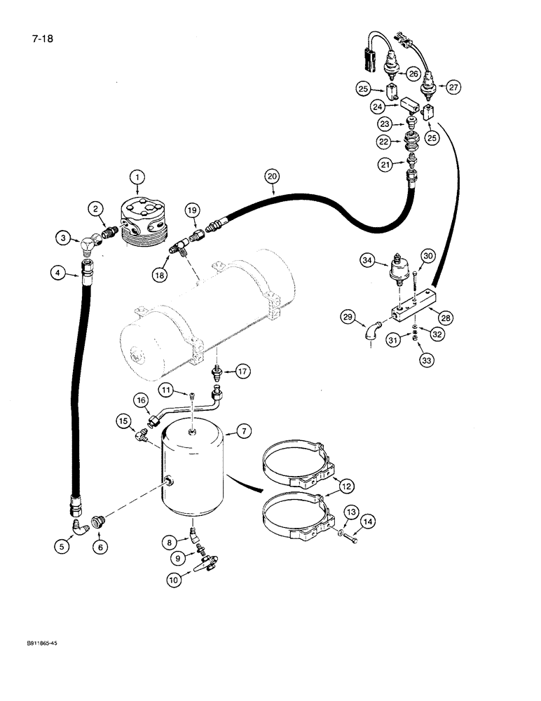 Схема запчастей Case 621 - (7-18) - AIR COMPRESSOR INTAKE HOSE AND LOWER RESERVOIR, UNITS W/O UNLOADING VALVES, P.I.N. JAK0027274 & AFT. (07) - BRAKES