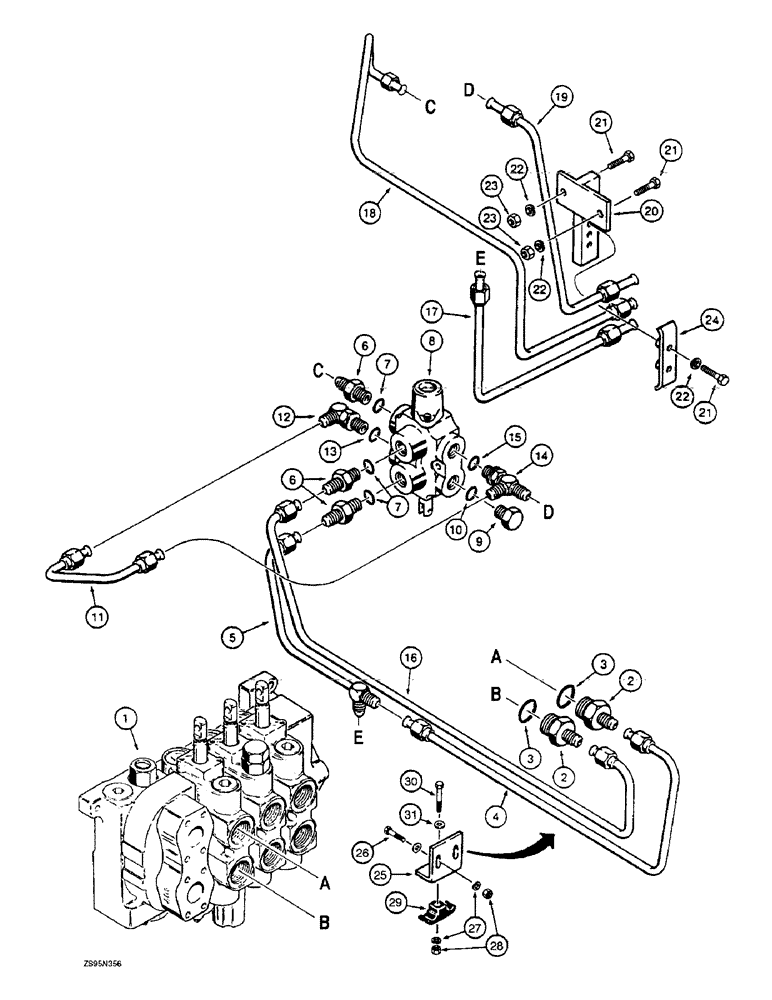 Схема запчастей Case 1150E - (8-038) - DOZER TILT AND PITCH HYD. CIRCUIT, ANGLE TILT PITCH DOZER MODELS CONTROL VALVE THRU SELECTOR VALVE (08) - HYDRAULICS