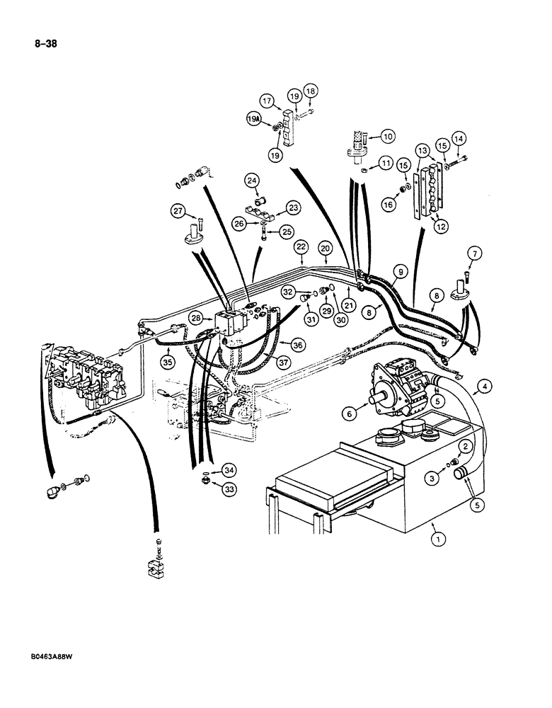 Схема запчастей Case 125B - (8-038) - HYDRAULIC PUMP LINES, P.I.N. 74845 THROUGH 74963, 21801 THROUGH 21806 (08) - HYDRAULICS