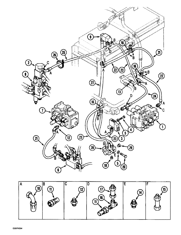 Схема запчастей Case 220B - (8-044) - HYDRAULIC CIRCUIT DRAIN RETURN LINES, P.I.N. 03209 AND AFTER (08) - HYDRAULICS