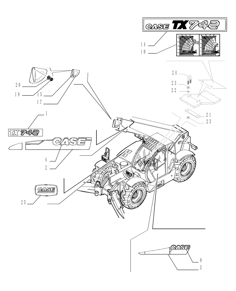 Схема запчастей Case TX742 - (1.98.2[01]) - TRADE MARKS - VERSION (02) (90) - PLATFORM, CAB, BODYWORK AND DECALS