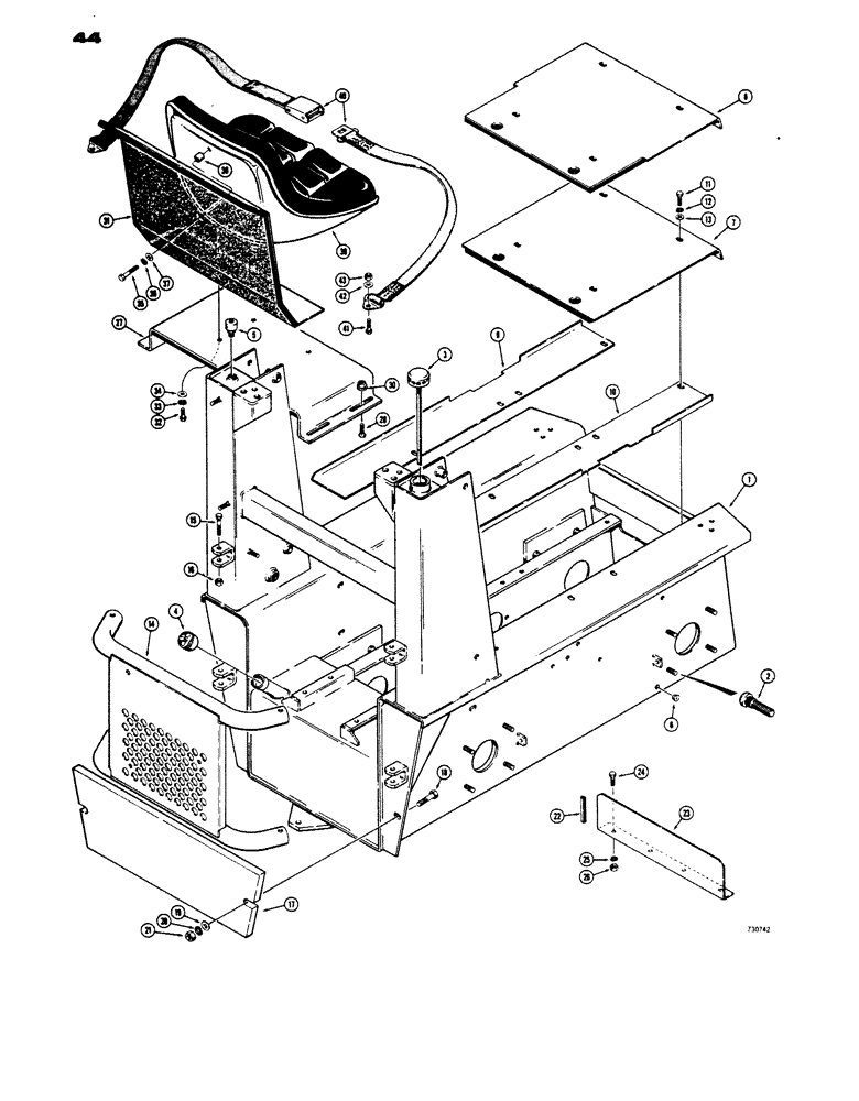 Схема запчастей Case 1816 - (44) - MAIN FRAME AND SEAT, USED BEFORE TRACTOR SERIAL NO. 9823077 (39) - FRAMES AND BALLASTING