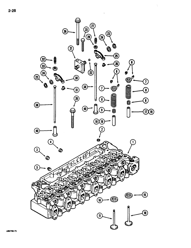 Схема запчастей Case 680L - (2-28) - CYLINDER HEAD AND VALVE MECHANISM, 6-590 ENGINE, 6T-590 ENGINE (02) - ENGINE