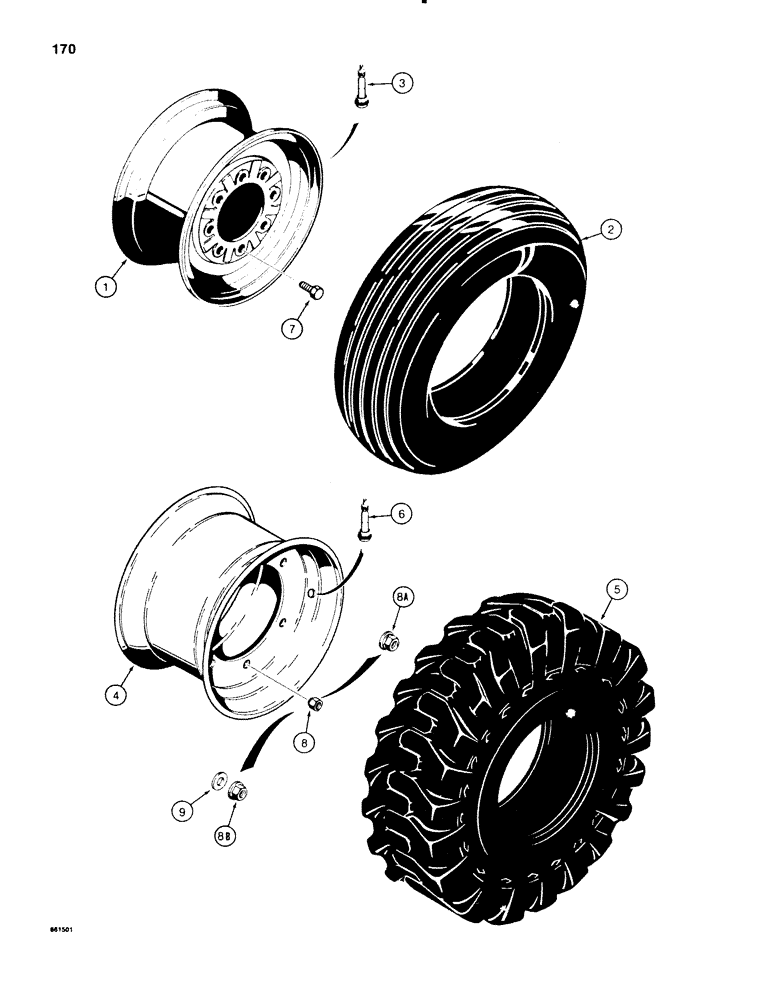 Схема запчастей Case 580SE - (170) - FRONT WHEELS AND TIRES, FOR 7.50 X 16 AND 8.00 X 16 TIRES (05) - STEERING