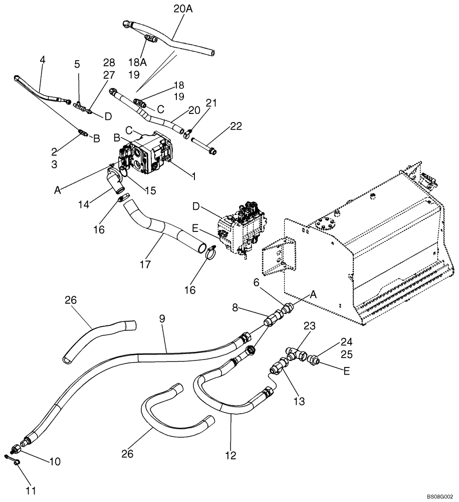 Схема запчастей Case 590SM - (08-02B) - HYDRAULICS - VARIABLE VOLUME PUMP TO BACKHOE VALVE AND LOADER VALVE (590SM+) (08) - HYDRAULICS